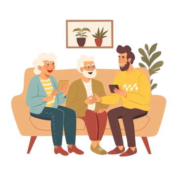 A son sitting with his parents, all three on their phones